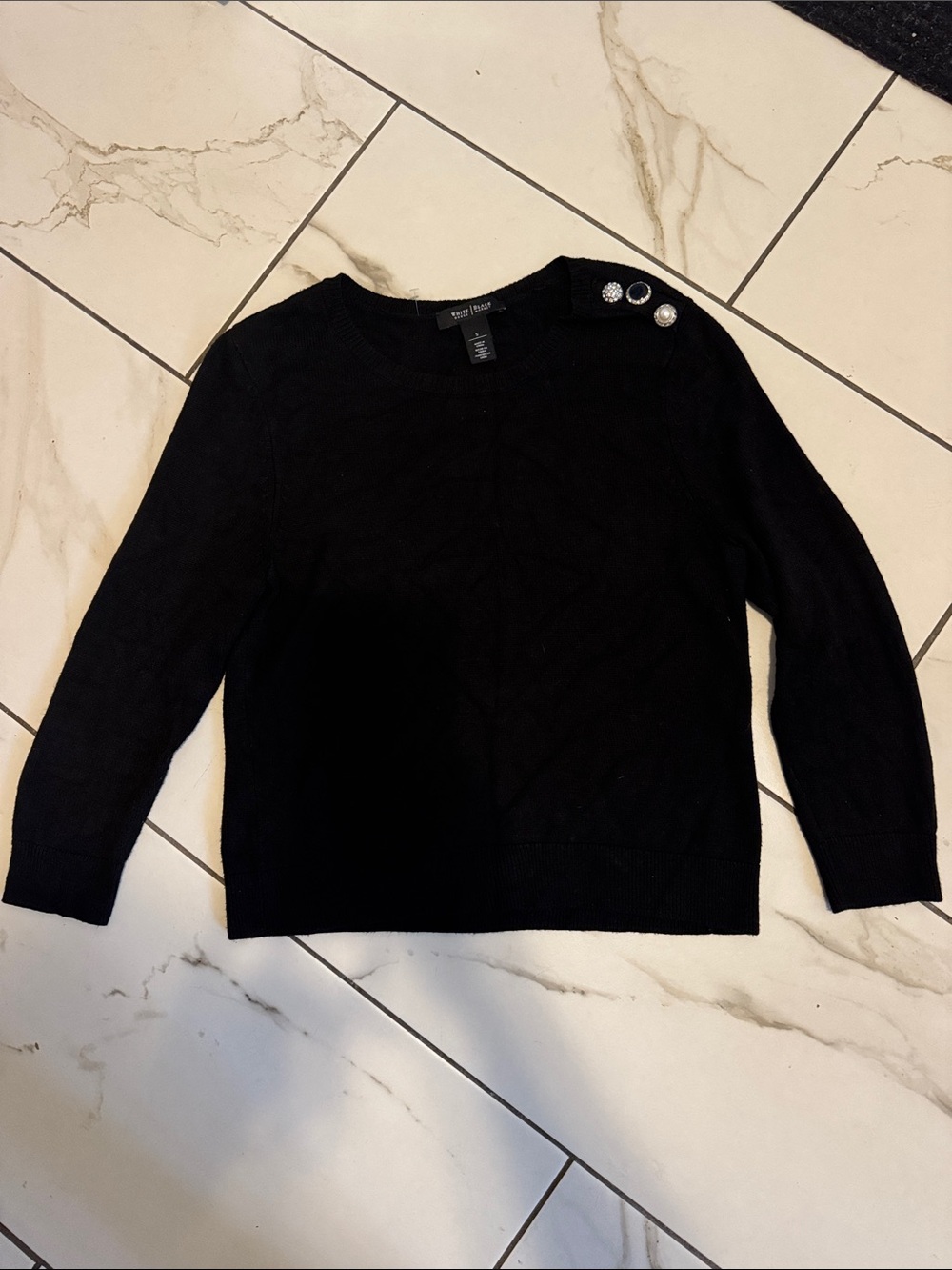 White House Black Market Black Crewneck Sweater with Decorative Shoulder Buttons